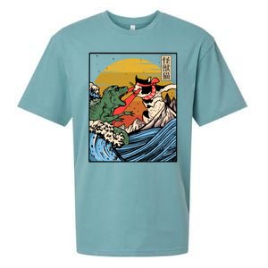 Retro Japanese Reptile Monster Vs Cat Monster Great Wave Sueded Cloud Jersey T-Shirt