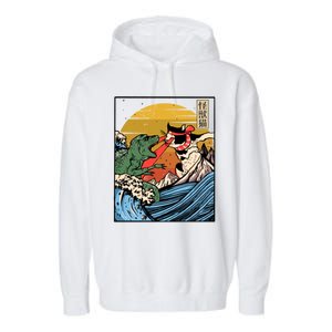 Retro Japanese Reptile Monster Vs Cat Monster Great Wave Garment-Dyed Fleece Hoodie