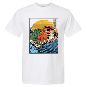 Retro Japanese Reptile Monster Vs Cat Monster Great Wave Garment-Dyed Heavyweight T-Shirt