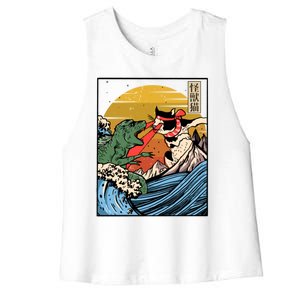 Retro Japanese Reptile Monster Vs Cat Monster Great Wave Women's Racerback Cropped Tank