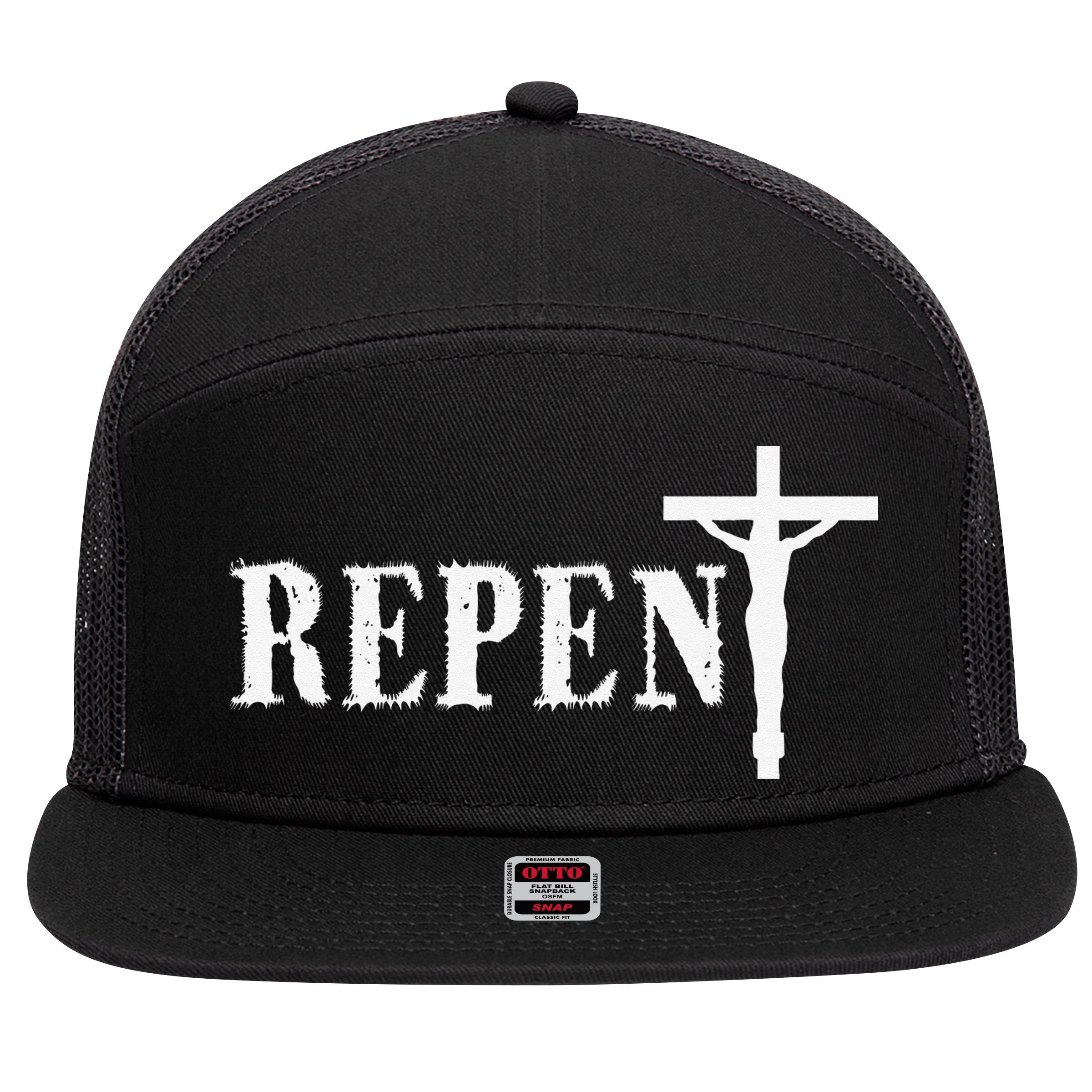 Repent Jesus Saves Religious Gift 7 Panel Mesh Trucker Snapback Hat