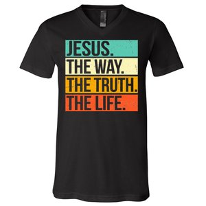 Retro Jesus The Way Truth Life Christian Bible Prayer  V-Neck T-Shirt