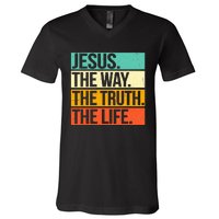 Retro Jesus The Way Truth Life Christian Bible Prayer  V-Neck T-Shirt