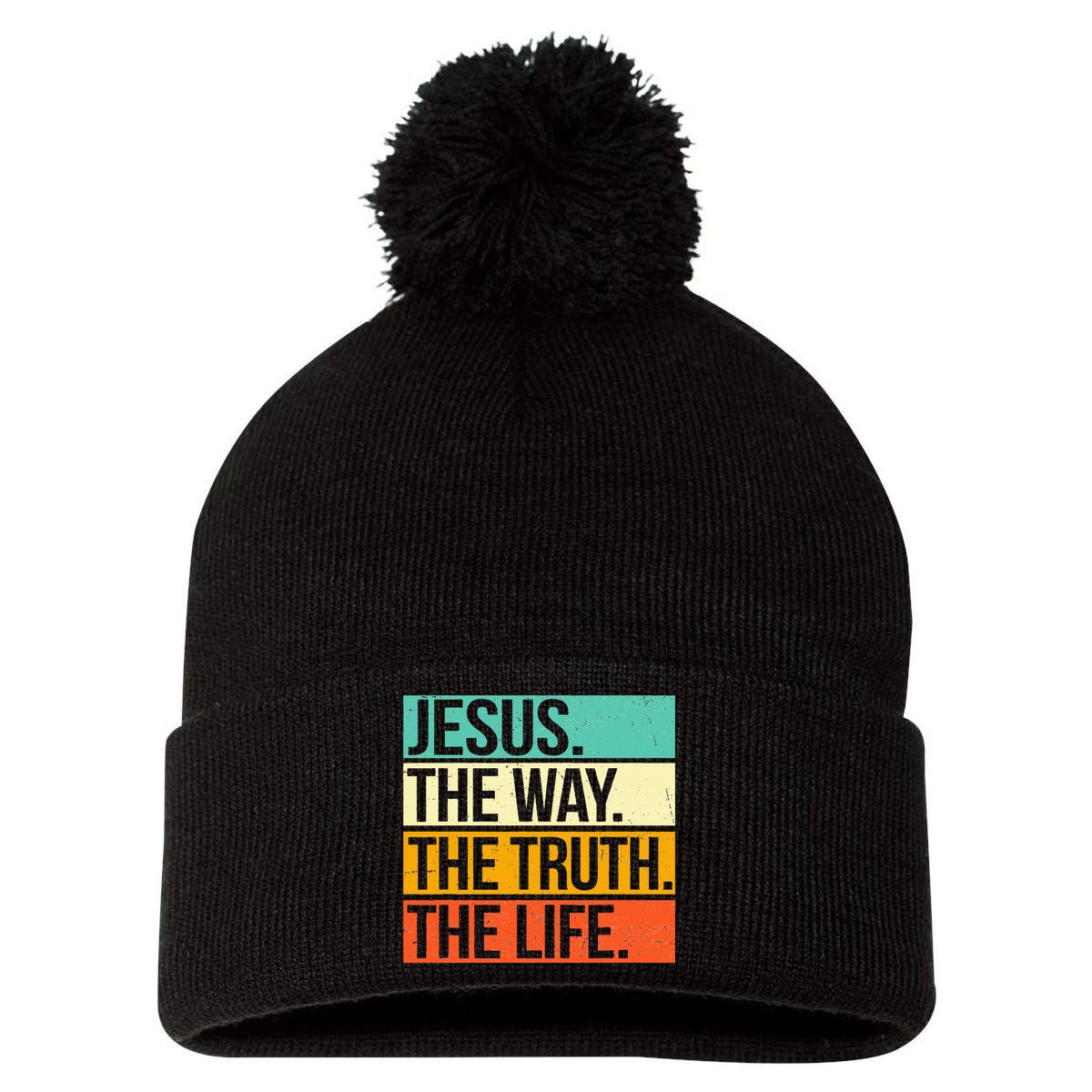 Retro Jesus The Way Truth Life Christian Bible Prayer Pom Pom 12in Knit Beanie