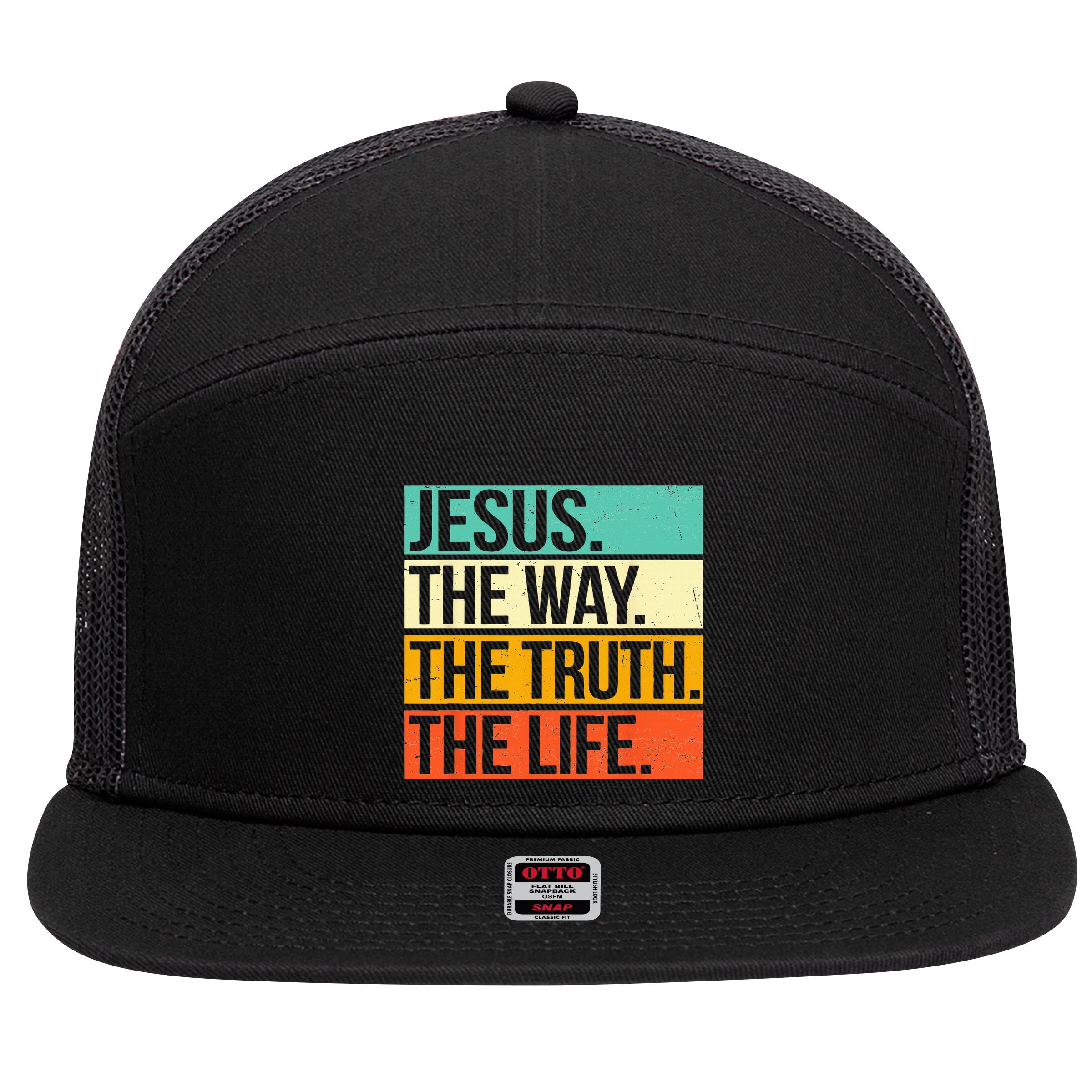 Retro Jesus The Way Truth Life Christian Bible 7 Panel Mesh Trucker Snapback Hat