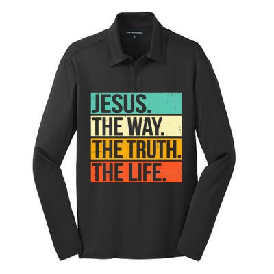 Retro Jesus The Way Truth Life Christian Bible Silk Touch Performance Long Sleeve Polo