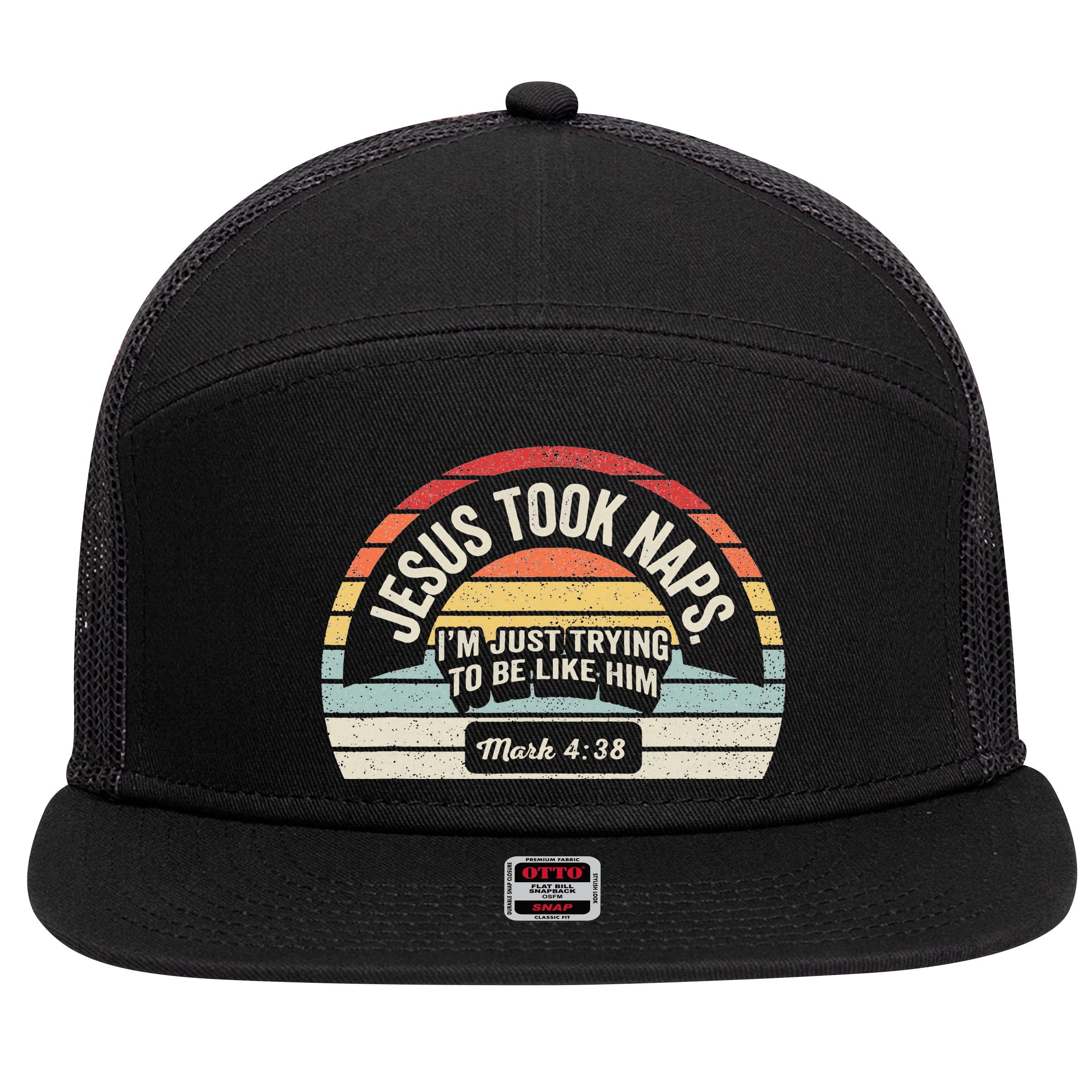 Retro Jesus Took Naps Mark 438 Christian Funny Faith 7 Panel Mesh Trucker Snapback Hat