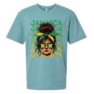 Retro Jamaica Women Messy Bun Jamaican Women Flag Sueded Cloud Jersey T-Shirt