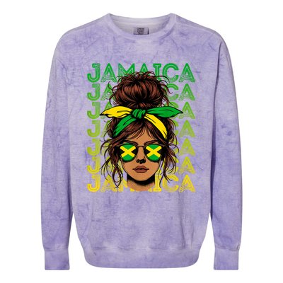 Retro Jamaica Women Messy Bun Jamaican Women Flag Colorblast Crewneck Sweatshirt