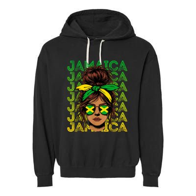 Retro Jamaica Women Messy Bun Jamaican Women Flag Garment-Dyed Fleece Hoodie