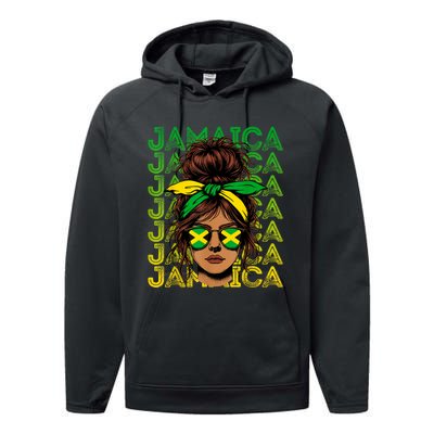 Retro Jamaica Women Messy Bun Jamaican Women Flag Performance Fleece Hoodie