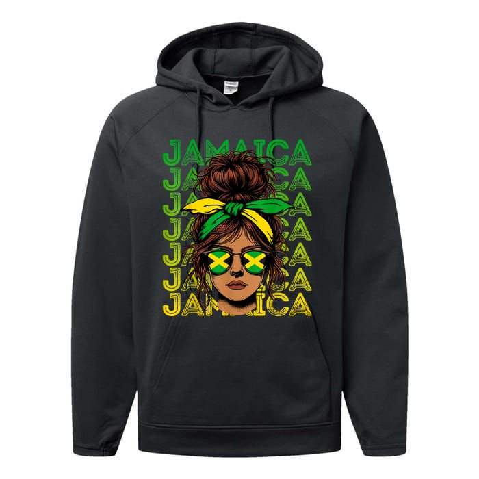 Retro Jamaica Women Messy Bun Jamaican Women Flag Performance Fleece Hoodie