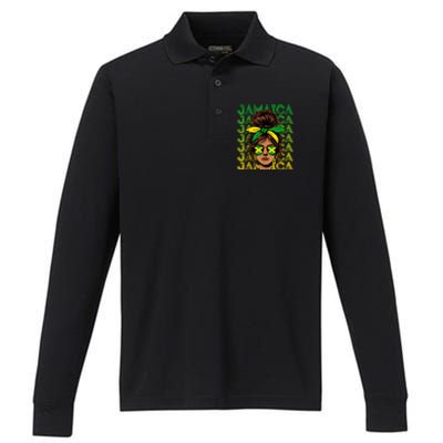 Retro Jamaica Women Messy Bun Jamaican Women Flag Performance Long Sleeve Polo