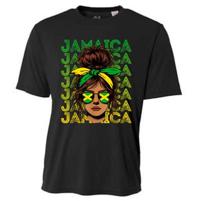 Retro Jamaica Women Messy Bun Jamaican Women Flag Cooling Performance Crew T-Shirt