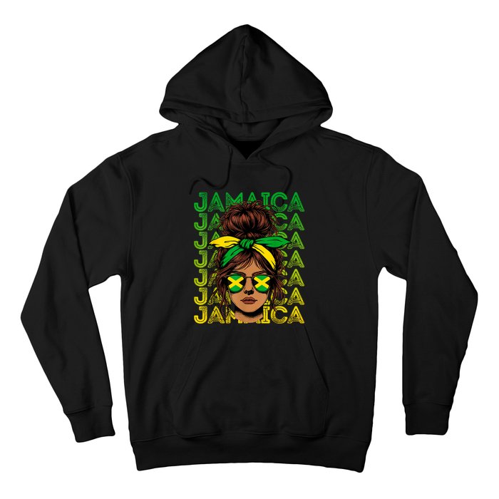 Retro Jamaica Women Messy Bun Jamaican Women Flag Hoodie