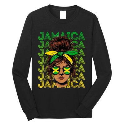 Retro Jamaica Women Messy Bun Jamaican Women Flag Long Sleeve Shirt