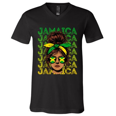 Retro Jamaica Women Messy Bun Jamaican Women Flag V-Neck T-Shirt