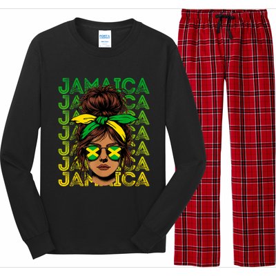 Retro Jamaica Women Messy Bun Jamaican Women Flag Long Sleeve Pajama Set