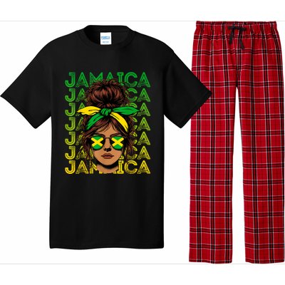 Retro Jamaica Women Messy Bun Jamaican Women Flag Pajama Set