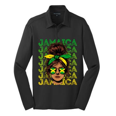 Retro Jamaica Women Messy Bun Jamaican Women Flag Silk Touch Performance Long Sleeve Polo