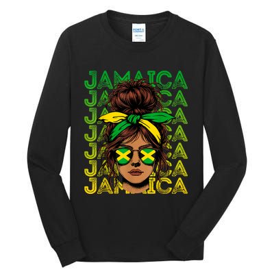 Retro Jamaica Women Messy Bun Jamaican Women Flag Tall Long Sleeve T-Shirt