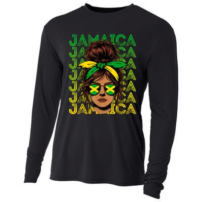 Retro Jamaica Women Messy Bun Jamaican Women Flag Cooling Performance Long Sleeve Crew