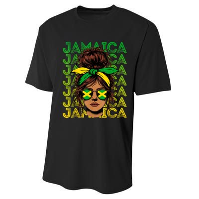 Retro Jamaica Women Messy Bun Jamaican Women Flag Performance Sprint T-Shirt