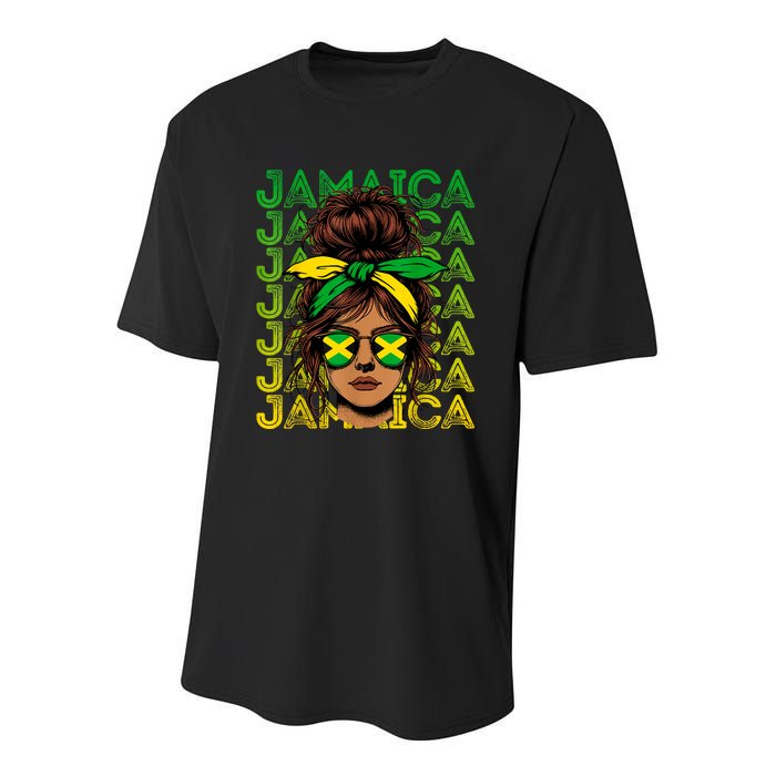 Retro Jamaica Women Messy Bun Jamaican Women Flag Youth Performance Sprint T-Shirt