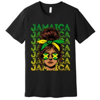 Retro Jamaica Women Messy Bun Jamaican Women Flag Premium T-Shirt