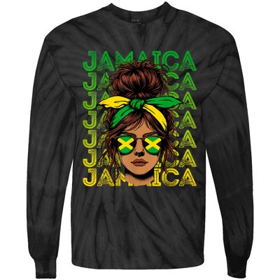 Retro Jamaica Women Messy Bun Jamaican Women Flag Tie-Dye Long Sleeve Shirt