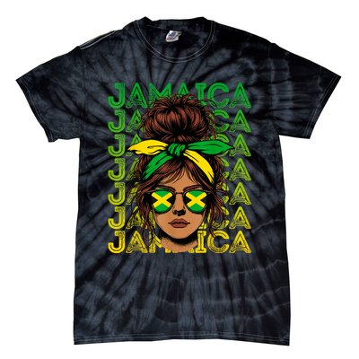 Retro Jamaica Women Messy Bun Jamaican Women Flag Tie-Dye T-Shirt