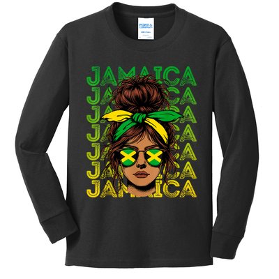 Retro Jamaica Women Messy Bun Jamaican Women Flag Kids Long Sleeve Shirt