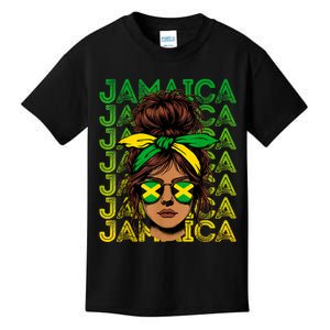 Retro Jamaica Women Messy Bun Jamaican Women Flag Kids T-Shirt