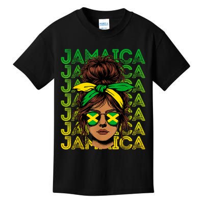 Retro Jamaica Women Messy Bun Jamaican Women Flag Kids T-Shirt