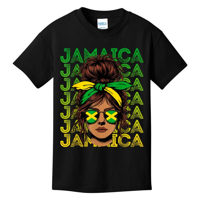 Retro Jamaica Women Messy Bun Jamaican Women Flag Kids T-Shirt