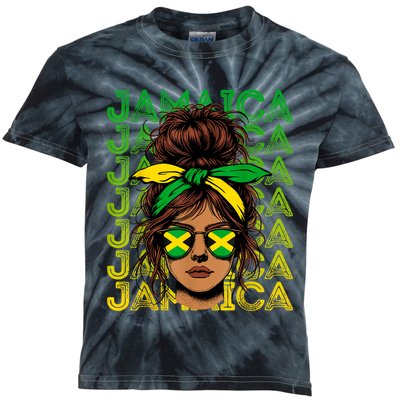 Retro Jamaica Women Messy Bun Jamaican Women Flag Kids Tie-Dye T-Shirt