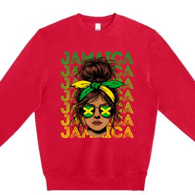 Retro Jamaica Women Messy Bun Jamaican Women Flag Premium Crewneck Sweatshirt