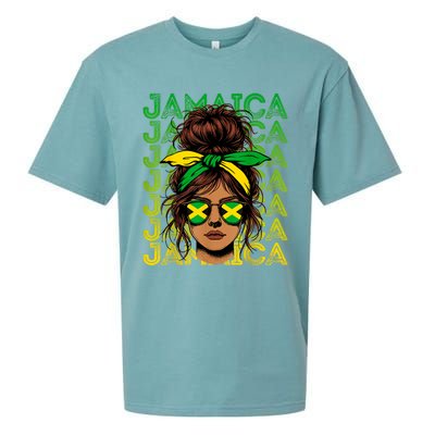 Retro Jamaica Women Messy Bun Jamaican Women Flag Sueded Cloud Jersey T-Shirt