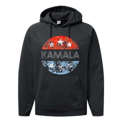 Retro Kamala 2024 Red White And Blue Vintage Button Performance Fleece Hoodie