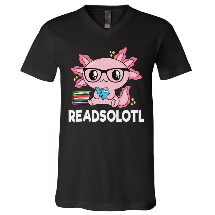 Readsolotl Kawaii Axolotl Book Lover Funny Reading V-Neck T-Shirt