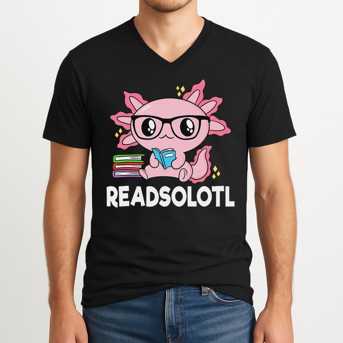 Readsolotl Kawaii Axolotl Book Lover Funny Reading V-Neck T-Shirt