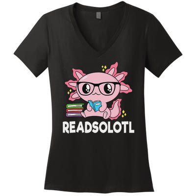 Readsolotl Kawaii Axolotl Book Lover Funny Reading Women's V-Neck T-Shirt
