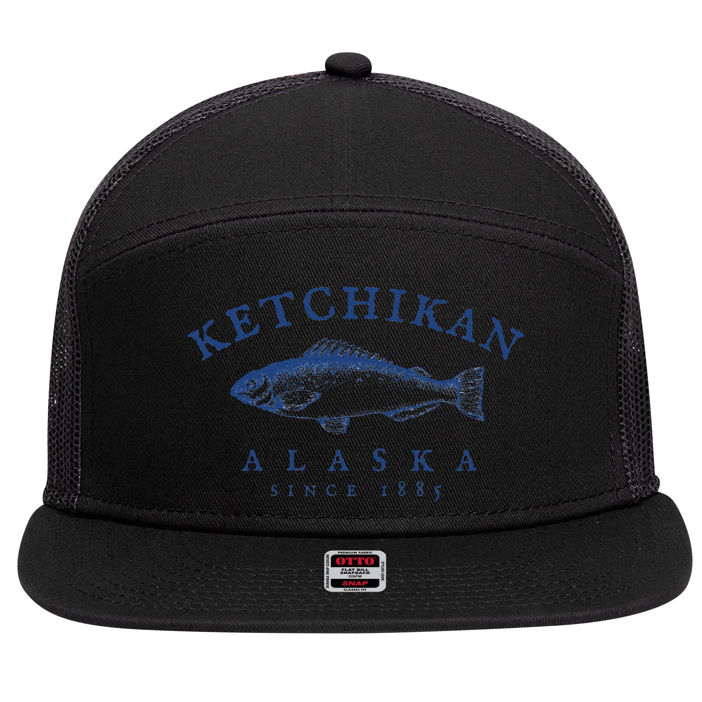 Retro Ketchikan Alaska Fishing 7 Panel Mesh Trucker Snapback Hat
