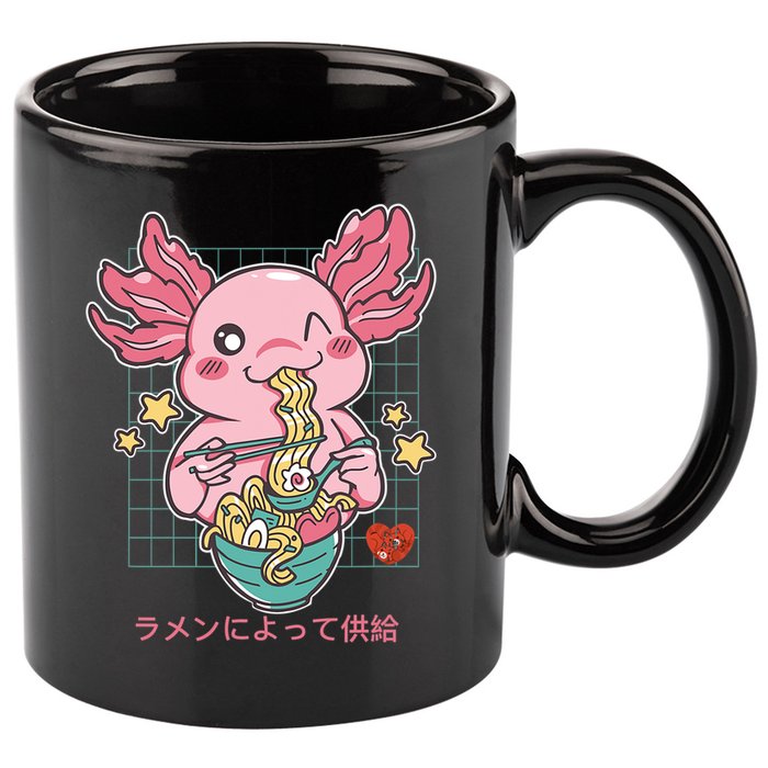 Ramen Kawaii Axolotl Eating Ramen Noodles Anime 11oz C Handle Ceramic Mug