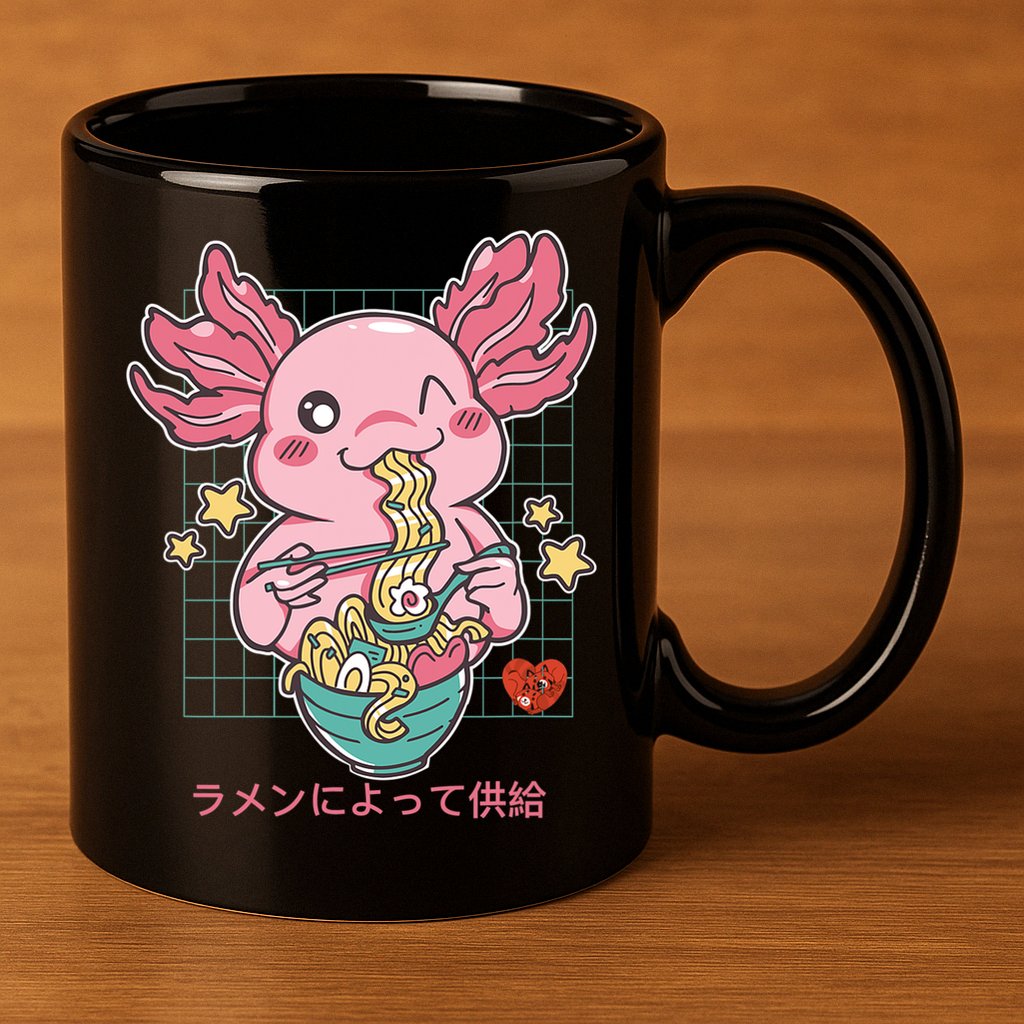 Ramen Kawaii Axolotl Eating Ramen Noodles Anime 11oz C Handle Ceramic Mug