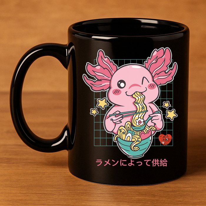 Ramen Kawaii Axolotl Eating Ramen Noodles Anime 11oz C Handle Ceramic Mug
