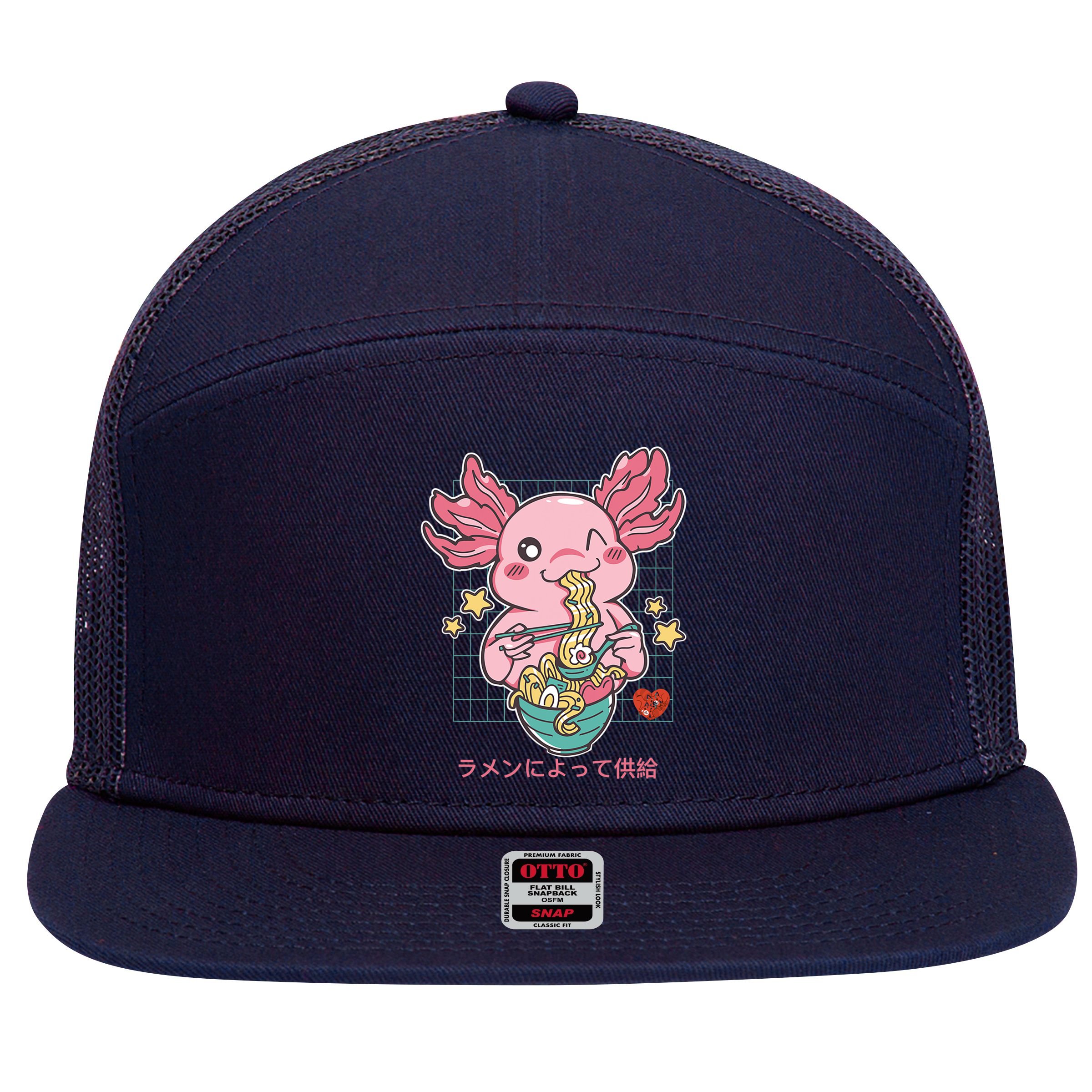 Ramen Kawaii Axolotl Eating Ramen Noodles Anime 7 Panel Mesh Trucker Snapback Hat