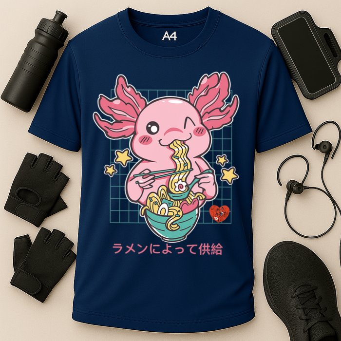 Ramen Kawaii Axolotl Eating Ramen Noodles Anime Cooling Performance Crew T-Shirt