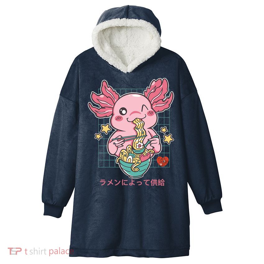Ramen Kawaii Axolotl Eating Ramen Noodles Anime Hooded Wearable Blanket