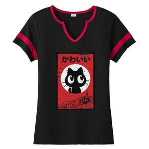 Retro Kawaii Black Cat Ramen Lover Japanese Food Ladies Halftime Notch Neck Tee